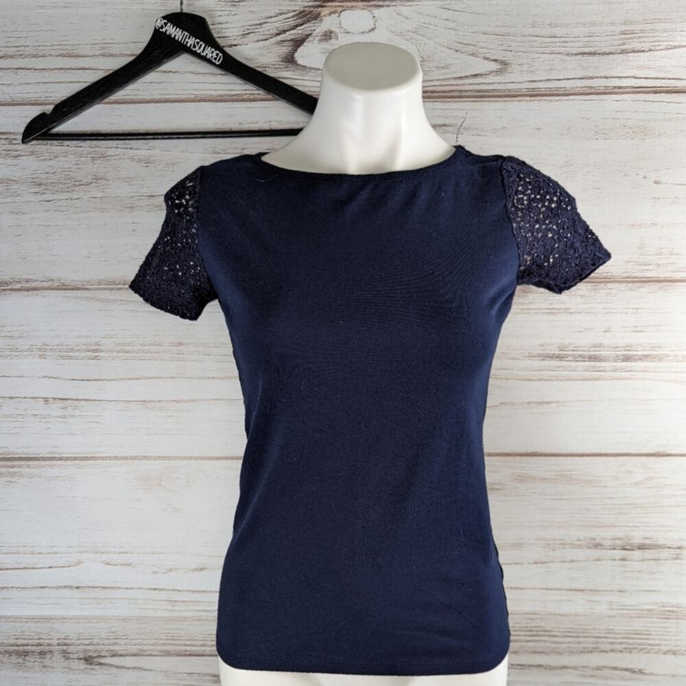 Talbots Lace Short Sleeve Navy Blue Tee Shirt Sz XS